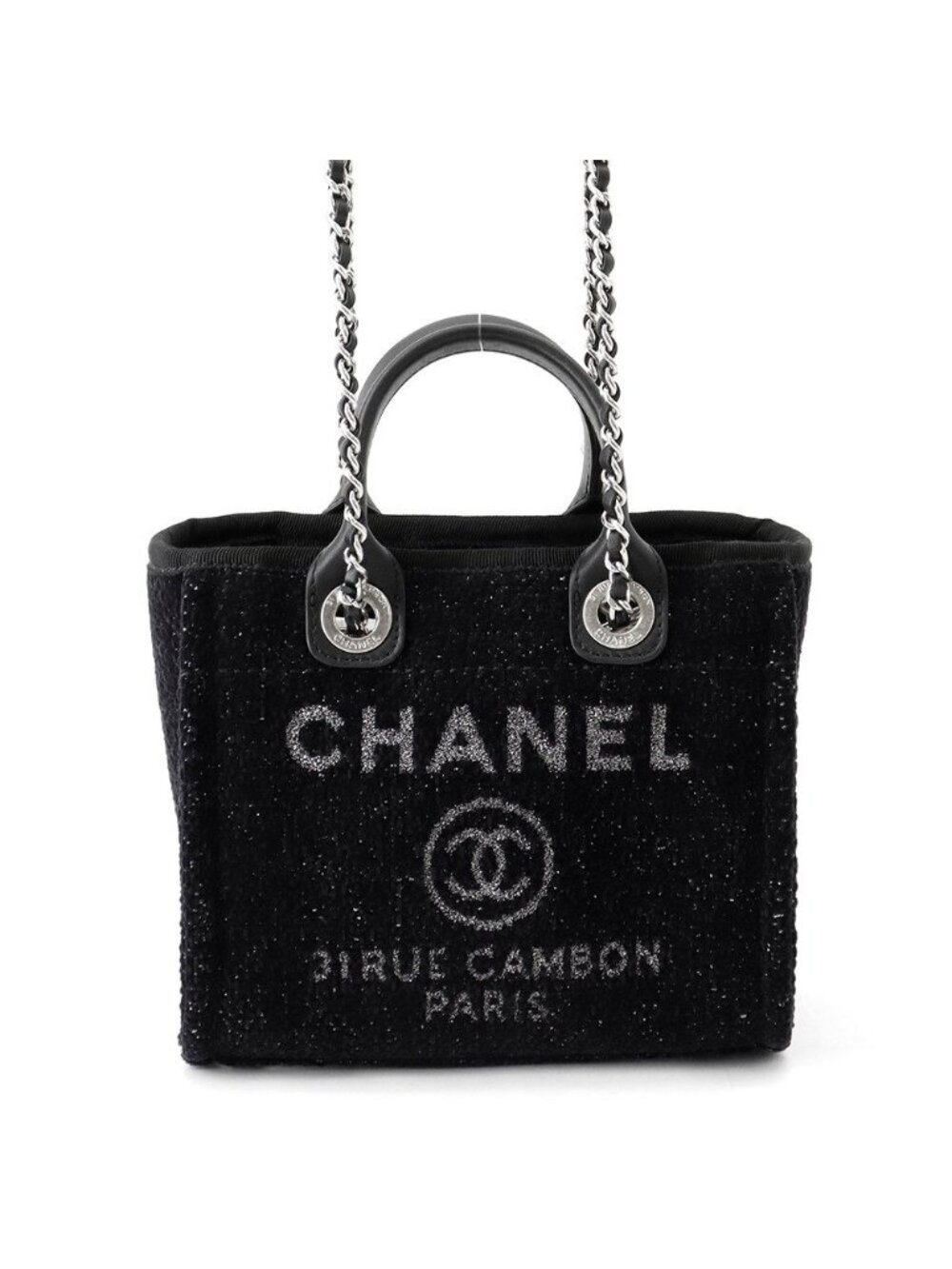 Chanel Tote Bag Deauville Line Mini Logo Glitter Tweed Leather Black